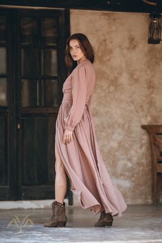 This autumn boho dress is crafted with soft cotton in dusty rose colour. Featuring pleated detail on the waist, this long sleeve maxi dress will give you a perfect silhouette. This is a sophisticated, simple, timeless but also somehow contemporary garment. Wear this dusty rose dress for your leisurely life. This boho dress is available in other colours: Off-White: https://www.etsy.com/listing/887258793 ♡ FABRIC DETAILS ♡ Dusty Rose organically dyed cotton Our experience showed that customers kee Pink Bohemian Ruched Maxi Dress, Flowy Feminine Mauve Dress, Mauve Bohemian Flowy Dress, Flowy Long Sleeve Mauve Dress, Dusty Rose Colour, Boho Dress Fall, Rose Gold Boho, Beach Wrap Dress, Bohemian Dresses Long