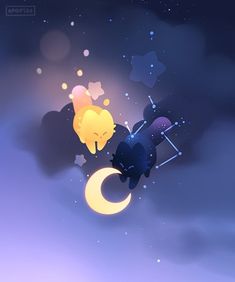 an animated cat flying through the air with a crescent moon in front of it and stars above