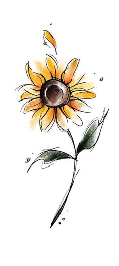 a drawing of a sunflower with water droplets on it's petals and leaves