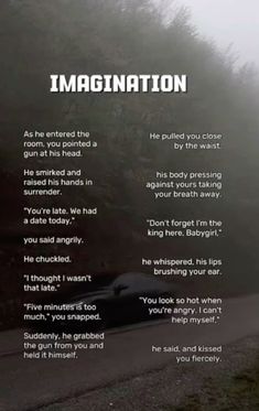 a car driving down a foggy road with the words imagine written in front of it