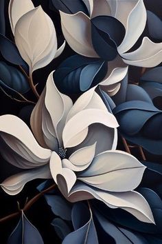 a painting of white flowers and leaves on a black background