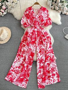 Floral Print V-Neck Long Sleeve Jumpsuit Wide Leg Romper, Jumpsuit Elegant, Color Ink, Long Sleeve Jumpsuit, Floral Jumpsuit, Printed Jumpsuit, Ankle Length Pants, Printed Rompers, Romper With Skirt