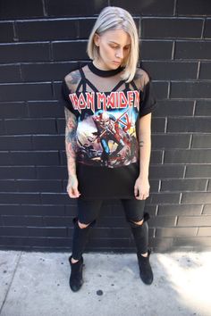 LF inspired shirt- Mesh Iron Maiden Band Tee Band Shirt Ideas, Iron Maiden Band, Metallica Shirt, Rocker Look, Look Rock, Mesh Shirt, Rocker Style, Clothes Crafts, Iron Maiden