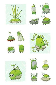 some green plants and animals in different positions