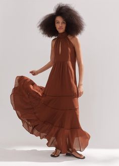 Cotton Voile Halterneck Full-Length Dress | ME+EM Brown Summer Maxi Dress For Vacation, Elegant Brown Beach Maxi Dress, Vacation Suitcase, Holiday Suitcase, Ankle Sleeve, Maxi Shirts, Ruffle Midi Dress, Full Length Dress, Maxi Shirt Dress