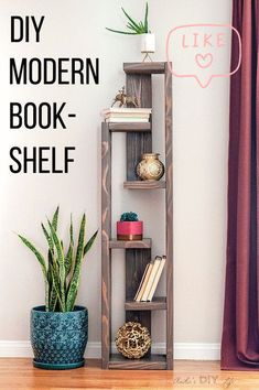 a wooden shelf with books on it next to a potted plant