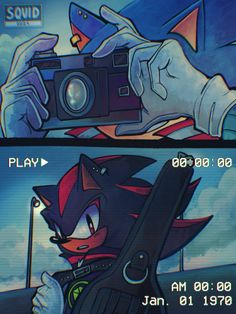 sonic the hedgehog holding a camera and pointing at it with another person's hand