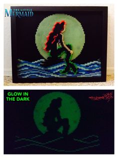 the silhouette of a mermaid sitting on top of a green background and below it is an image of a glow in the dark sign