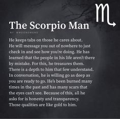 the scorpio man poem written in black and white on a dark background