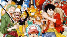 one piece characters are posing for the camera in front of an anime character with many other characters