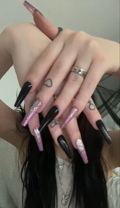 Black Acrylic Nails, Edgy Nails, Goth Nails, Grunge Nails, Coffin Nails Long, Pink Acrylic Nails, Funky Nails, Pretty Acrylic Nails, Long Acrylic Nails