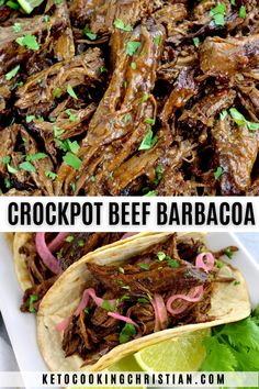 crockpot beef barbacoa with cilantro and lime on top