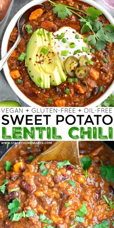 a bowl of sweet potato lentil chili with avocado and cilantro