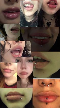 many different images of women with piercings on their lips and noses, all showing the same