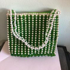 Beautiful Green And White Hand Beaded Handbag Green Beaded Rectangular Bag, Green Beaded Bag For Summer, Summer Green Beaded Bag, Green Square Beaded Bag, White Beaded Shopping Bags, Green Beaded Shoulder Bag For Beach, Trendy Green Beaded Bag, Green Beaded Shoulder Bag For The Beach, Beaded Handbag