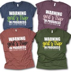 Warning Girl's Trip In Progress would make the best Girl's Weekend Shirts, perfect for a Bachelorette Party or Birthday Celebration. Personalize your Matching Friends Shirts with a special saying. These would be great for a Cruise or Vacation Shirts. Buy 3 or more shirts and save 10% with code 3SHIRTS. Colors can be changed upon request. These shirts are all made to order - design may vary slightly. Vinyl is adhered with a high temperature heat press. Shirts: Adult Unisex Tshirts. These shirts a Funny Vacation Shirts, Matching Friends, Friends Shirts, Girls Weekend Shirts, Matching Friend, Funny Kids Shirts, Cruise Shirts, Funny Nurse Shirts, Trip Shirts