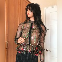 Rayloven Sheer Flowers Embroidered Long Sleeve Top. Nwt Spring Night Out Blouse With Floral Embroidery, Spring Floral Embroidered Blouse For Night Out, Embroidered Tops For Spring Night Out, Flowers Embroidered, Embroidered Flowers, Tunics, Long Sleeve Top, Black Red, Long Sleeve Tops