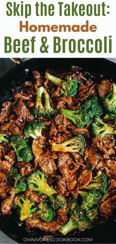 beef and broccoli stir frying in a skillet with text overlay