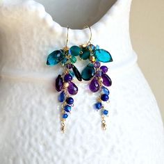 Peacock Cluster Earrings Teal Gemstone Earrings Amethyst Aqua Gemstone, Purple Quartz, Starfish Earrings, Amethyst Cluster, Cluster Earrings, Ear Wire, Chandelier Earrings, Volcano, Designer Earrings