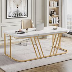 Tribesigns Executive Desk, 63 Modern Computer Office Desk for Home Office Tribesigns White And Gold Desk Office, White Gold Office, White Executive Desk, Gold Office Desk, Dc Apartment, Wide Desk, Large Office Desk, Study Computer, Large Computer Desk