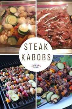 steak kabobs are being cooked on the grill with vegetables and meat in them