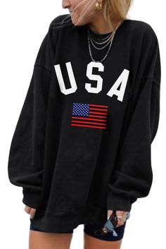 Black Usa Flag Print Drop Sleeve Oversized Sweatshirt Oversized Sporty T-shirt For Winter, Oversized Sporty Winter T-shirt, Sporty Oversized Winter T-shirt, Oversized Black Drop Shoulder Sweater, Black Relaxed Fit Sweater For College, Oversized Winter T-shirt, Oversized Letter Print Winter Tops, Oversized Letter Print Tops For Winter, Black Drop Shoulder Top For Winter