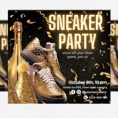 a flyer for a sneaker party with gold shoes and confetti