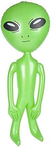 an inflatable green alien toy with eyes and arms, standing upright on a white background