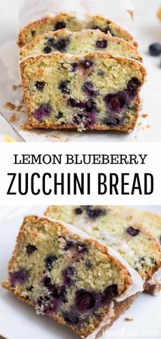 lemon blueberry zucchini bread is cut in half and sitting on a plate