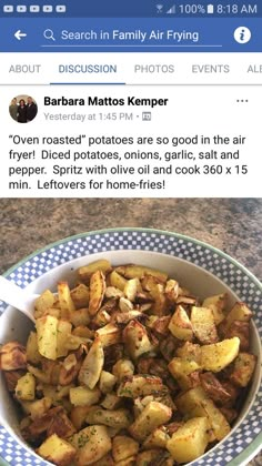 a bowl filled with potatoes sitting on top of a blue and white checkered plate