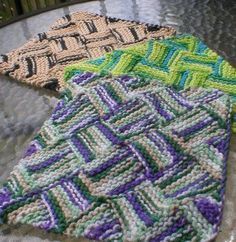 three crocheted rugs sitting on top of a table