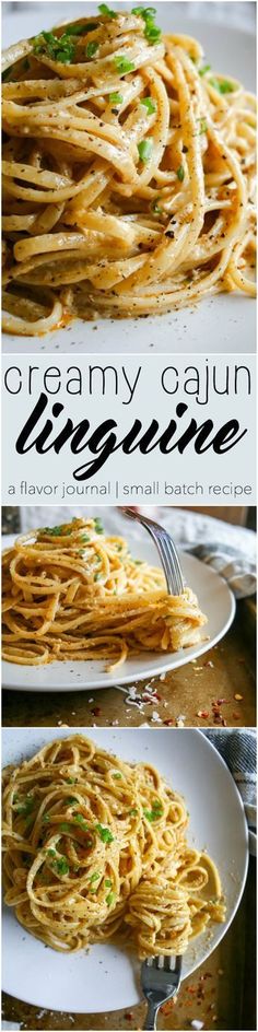 the recipe for creamy cauliflower linguine is shown in three different pictures