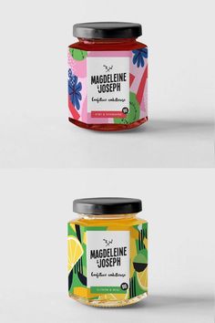 two jars of marmaline joseph jams with different flavors and designs on them