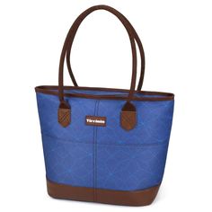 a blue tote bag with brown handles