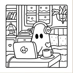 a black and white drawing of a cartoon character working on a laptop with a cup of coffee in front of him