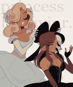 two women dressed as princesses and one is wearing a dress