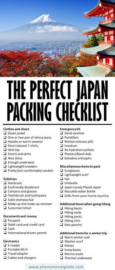 the perfect japan packing checklist is shown in black and white with an image of mount fuji