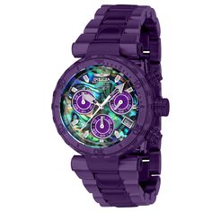 This Invicta watch is the very first one produced in its limited edition series. From the Subaqua collection, it holds an exact Quartz movement, as well as a purple case. On its face you can find a , abalone dial covered by a durable Flame Fusion Crystal. This style is finished by a reliable purple, stainless steel band, and it offers 200 m water resistance.For a limited time, Eyal Lalo is opening up his private vault of exclusive first editions, giving you a once in a lifetime opportunity to ma Invicta Watches Women, Watch Display Case, Purple Cases, Invicta Watches, Purple Band, Women's Watches, Gshock Watch, Women's Watch, Stainless Steel Band