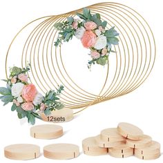 wooden coasters with flowers and greenery on them next to a set of wood coasters