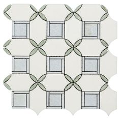 a white and grey mosaic tile with black trims on the edges, in an ornate pattern