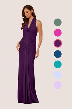 This floor length dress features a halter cowl neckline, a drop waist, a sash, and pleats. Grape Bridesmaid Dresses, Mesh Bridesmaids Dress, Floor Length Dress, Cowl Neckline, Christian Siriano, Floor Length Dresses, Drop Waist, Bridesmaid Dress, Bridal Party