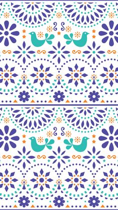 a blue and white tile pattern with birds on the border, surrounded by flowers in different colors