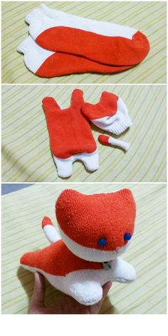 two pictures show the process of making a stuffed animal that is red and white with blue eyes