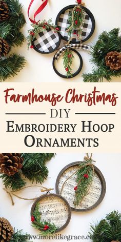 homemade christmas ornaments made with embroidery hoop and pine cones