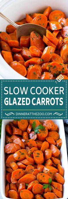 two pictures showing how to cook carrots in slow cooker and glazed carrots