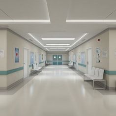 an empty hospital hallway with chairs and pictures on the walls