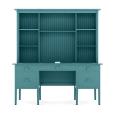 a blue desk with two drawers and a shelf above it, on a white background