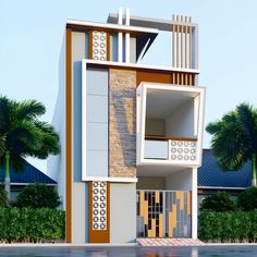 this is a 3d rendering of a modern style house in the middle of palm trees