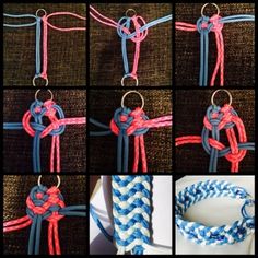 several pictures of different types of ropes and knots on a piece of cloth with metal rings