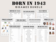 the game bundle for born in 1932 is shown with text and pictures on it, including games